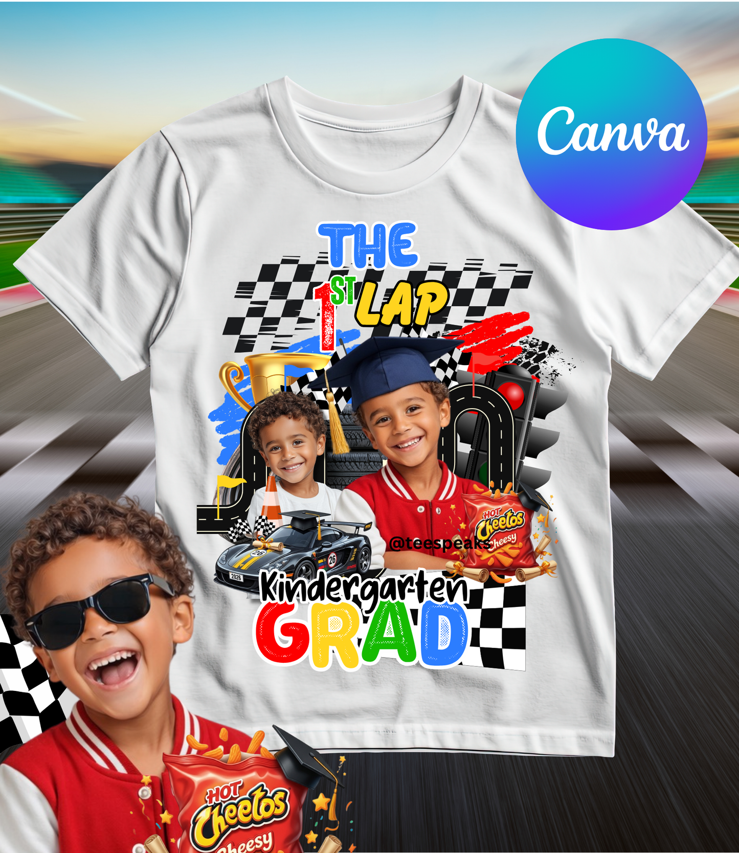 🏁 “The First Lap” Kindergarten Graduation Canva Template 🏁